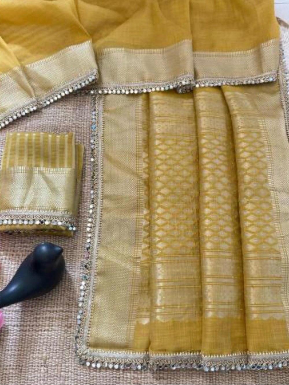 Elegant Mustard Tusser Silk Gold Woven Saree with Decorative real mirror Border